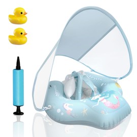 Baby Swimming Ring with UPF 50+ Removable Sun Canopy, Blue Inflatable Swimming Hoop Baby, Inflatable Swimming Trainer with Safety Seat for 6 Months to 10 Months Children, Toddlers, L