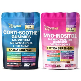 Zoyava Cortisol & Myo-Inositol Gummies – Soothe & Smooth Bundle – Mixed Berry Flavor – Stress Relief, Fitness & Healthcare Support – Made in USA