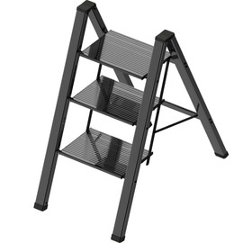 3 Step Ladder, Portable Step Ladder Folding, Lightweight Step Ladder with Anti-Slip Pedal, Aluminum Indoor Ladder and Closet Ladder, Kitchen Ladder, 330lbs - Black