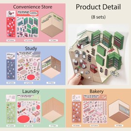 8 Sets 3D Sticker Scene, 3D Stickers, Sticker Therapy, 3D House Sticker Set, Sticker Scene, Make Your Own Supermarket, Restaurant, Scene Sticker for Adult Kid Relief Stress Pass The Time