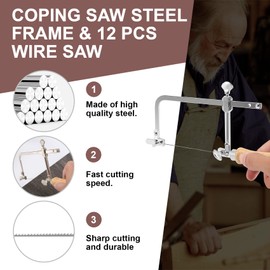 Littlecatch Coping Saw Steel Frame and 12 Pcs Diameter 1Mm Wire Saw, DIY Universal Jewellers Saw Accurate Cutting for Wood Stone Jade Metal Cutting Multi Function Hand Tool
