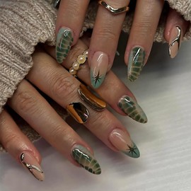 BABALAL Green Press on Nails Almond Fake Nails Medium Glue on Gold Chrome Line Star Y2k Acrylic False Nails French Tip 24Pcs Stiletto Manicure Artificial