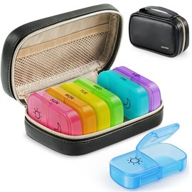 AUVON Weekly Pill Organizer 2 Times a Day with PU Leather Bag, Travel AM PM Pill Box 7 Day with One-Side Large Opening Design for Easy Filling, Portab