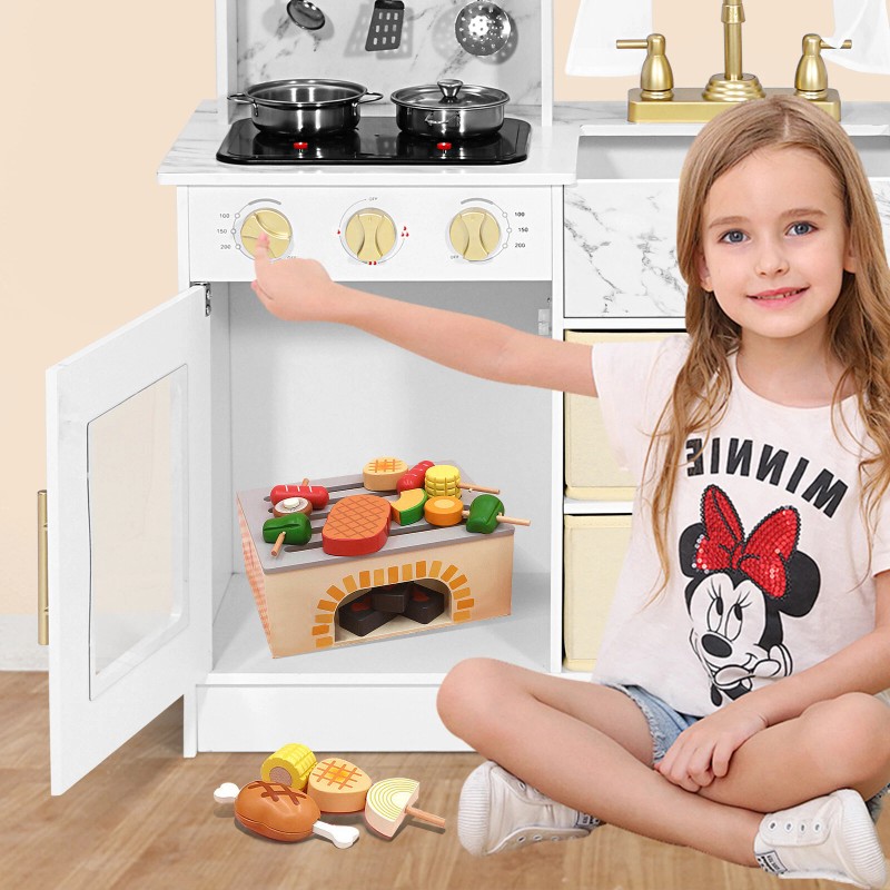 JOYLDIAS Wooden Kitchen Pretend Playset Kids Cooking Toys Toddler Gift