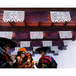 Papel Picado Dia de Los Muertos Decorations, Day of The Dead Banners, Black Mexican Party Decor, 60 feet Long, 5 Pack|Tissue Paper|White and Black Skulls