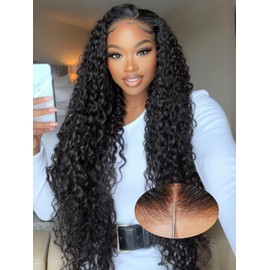 28 Inch Pre Cut 7X5 HD Lace Glueless Water Wave Wigs Human Hair Pre Plucked,Curly Wear and Go Pre Bleached Knots Lace Front Wig Natural Hairline with Baby Hair for Women 200% Density Natural Black