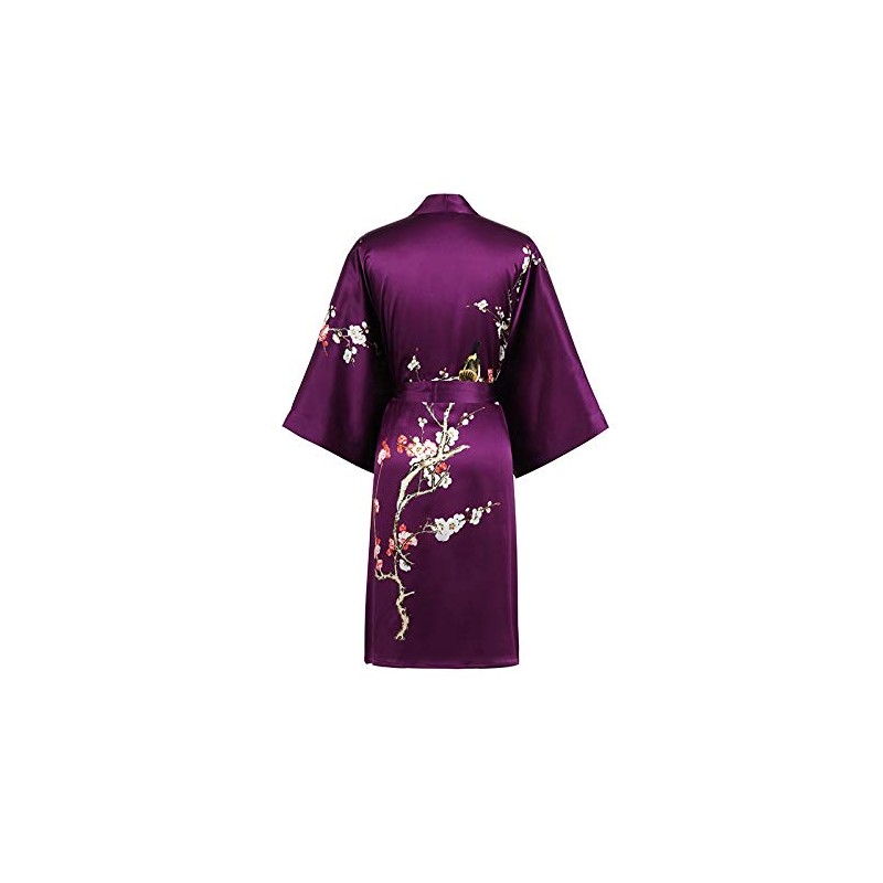 Grace Silk 100% Silk Short Robe Kimono, Plum Blossoms, Purple