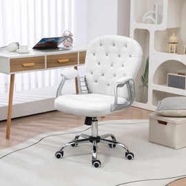 Vinsetto Teddy Fleece Home Office Chair, Button Tufted Desk Chair with Padded Armrests, Adjustable Height and Swivel Wheels, White