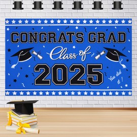 Zienlay Graduation Decorations 2025 - Class of 2025 Graduation Photo Backdrop, 65” x 39.4” Congrats Grad Banner, Black and Blue Graduate Decor for High School, College Grad Party Supplies