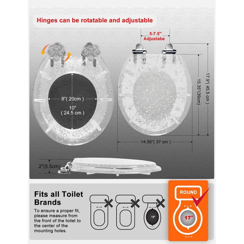 Resin Toilet Seat Round with Easy Clean Adjustable Hinges, Soft