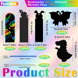 52 Pcs Animal Scratch Bookmarks Set, Colorful Scratch Paper Art Bookmarks with Ribbon and Wooden Pen, Fun Dinosaur and Butterfly Design Scratch Art Bookmarks for School Home Crafts