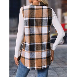 Wowcarbazole Womens Plaid Vest Button Down Sleeveless Lapel Neck Long Vest Tops Outerwear Casual Flannel Waistcoat Jackets(Khaki-XL)