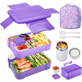 SlowTon Bento Lunch Box Set for Kids, Stackable Leak-Proof Lunch Box with 8.8oz Soup Thermo & Insulated Lunch Bag, BPA Free Food Container with Utensil Set for Boys Girls School Travel