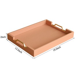 HofferRuffer Faux Leather Rectangle Serving Tray Decor Platter with Gold Metal Handles for Coffee Table, Breakfast, Tea, Food, Countertop, Kitchen, Butler Tray, 16.2 x 12.2 x 2 inches (Pink Orange)