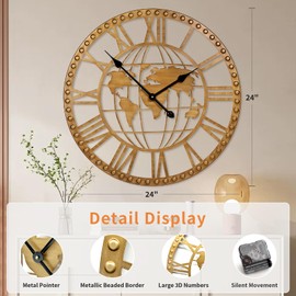 Anmotpe 24 Inch Large World Map Wall Clock Metal Retro Gold Modern Clocks Round Silent Non-Ticking Battery Operated Wall Watch for Living Room,Home,Kitchen,Bedroom,Office