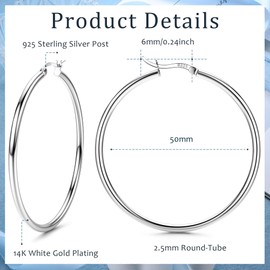 Chriscoco Hoop Earrings 925 Silver for Women Hoop Earrings Large Silver Hypoallergenic Lightweight Hoop Earrings Silver for Girls 13/15/20/25/30/40/50 mm, Silver, No Gemstone