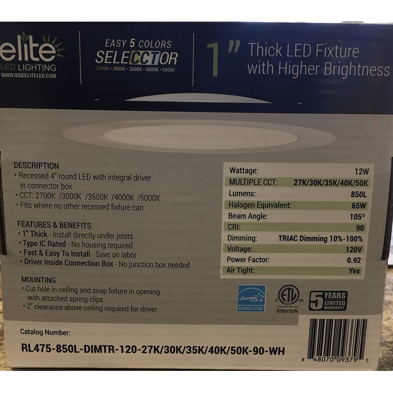 RL475-850L-DIMTR-120-27K/30K/35K/40K/50K-90-WH 4" INCH CANLESS