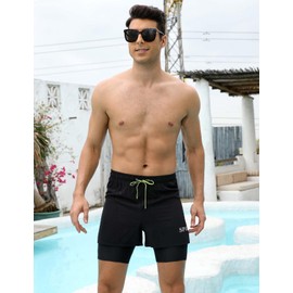 KANAV Mens Swim Trunks with Compression Liner 2 in 1 Quick-Dry Swim Shorts Lined Board Shorts Black Solid