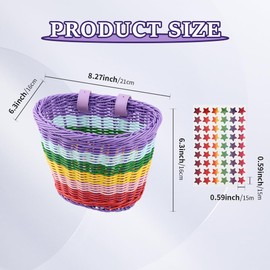 Bike Basket Kids Front, Rainbow Hand-Woven Bicycle Front Basket, Multi-Color Boys Girls Front Bicycle Basket with Star Stickers Tricycle Cruiser Bikes & Folding Bike Basket for Kids Adults