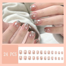 24Pcs Silver Glitter French Tips Press on Nails Short Square Fake Nails with White Five-pointed Star Rhinestones Design False Nails Silver Sparkly Acrylic Glue on Nails for Women Manicure Decoration