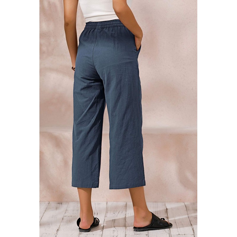 ECUPPER Womens Casual Loose Elastic Waist Cotton Trouser Cropped Wide