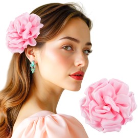 Dainty Satin Rose Flower Brooches 5.12 inch Large Camellia Flower Hair Clip Oversized Chiffon Rose Flower Brooch for Women Wedding Party Dance Ceremony Dress Clothes Accessories,Pink