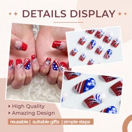 4th of July Press on Nails Short Square Fake Nails American Flag Patriotic Red French Tip Glue on Nails Independence Day Star False Nails Artificial Nails for Women Acrylic Nails Decorations 24Pcs