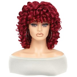 GKtineke Short Curly Wig with Bangs, Full Loose Curly Wigs for Black Women Big Curly Wig Soft Fluffy Natural Synthetic Hair for Daily and Party (Burgundy)