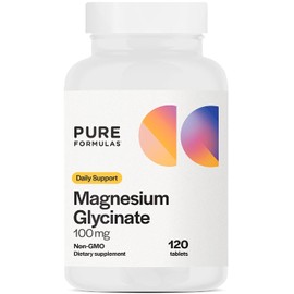 PureFormulas Magnesium Glycinate 100 mg Daily Support for Stress, Nerves, Sleep, Muscles, Metabolism Pure Magnesium Glycinate Supplement for Women and Men Magnesio Non-GMO 120 Tablets