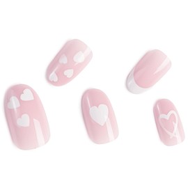 Valentine's Day Almond Press on Nails Medium - White French Tip Press on Nails White Heart Patterns Pink Fake Nails Natural Fit Full Cover False Nails Stick on Nails for Women Girls, 12 Sizes, 24PCS