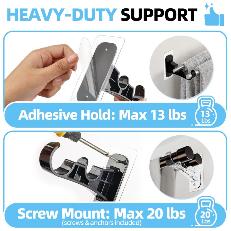 6 Pack No Drill Double Curtain Rod Bracket, Adhesive No
