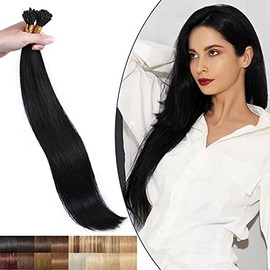 22inch Pre Bonded Stick Tip Human Hair Extensions 1g #01 Jet Black 50 Strands Real Remy Keratin I Tip Hair Extension Straight