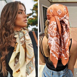 DRESHOW 90 x 90 cm Large Square Scarves for Women, Pack of 4, Silk Headscarf, Bandanas, Hair Scarf, Hair Accessories, Set of 4 71-05