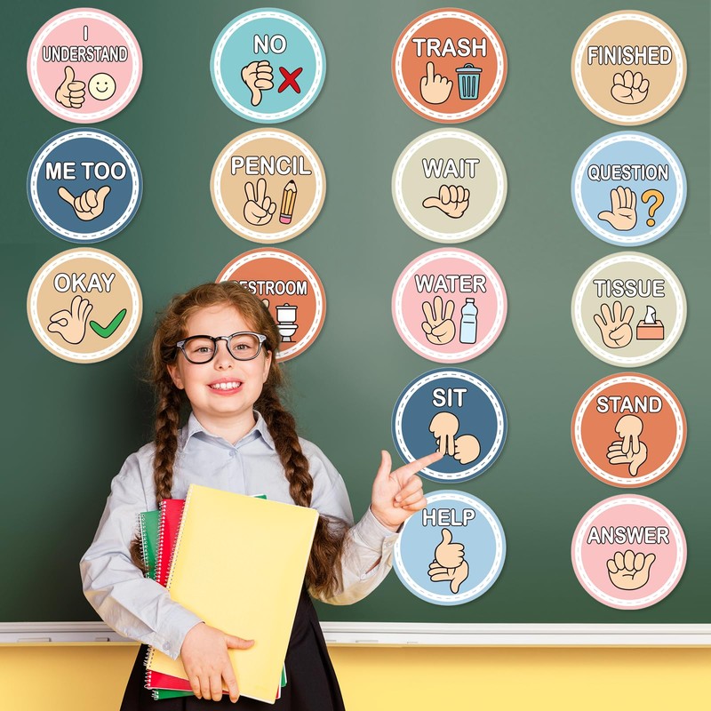 16 Pcs Sign Language Posters for Classroom, Teacher Students Visual