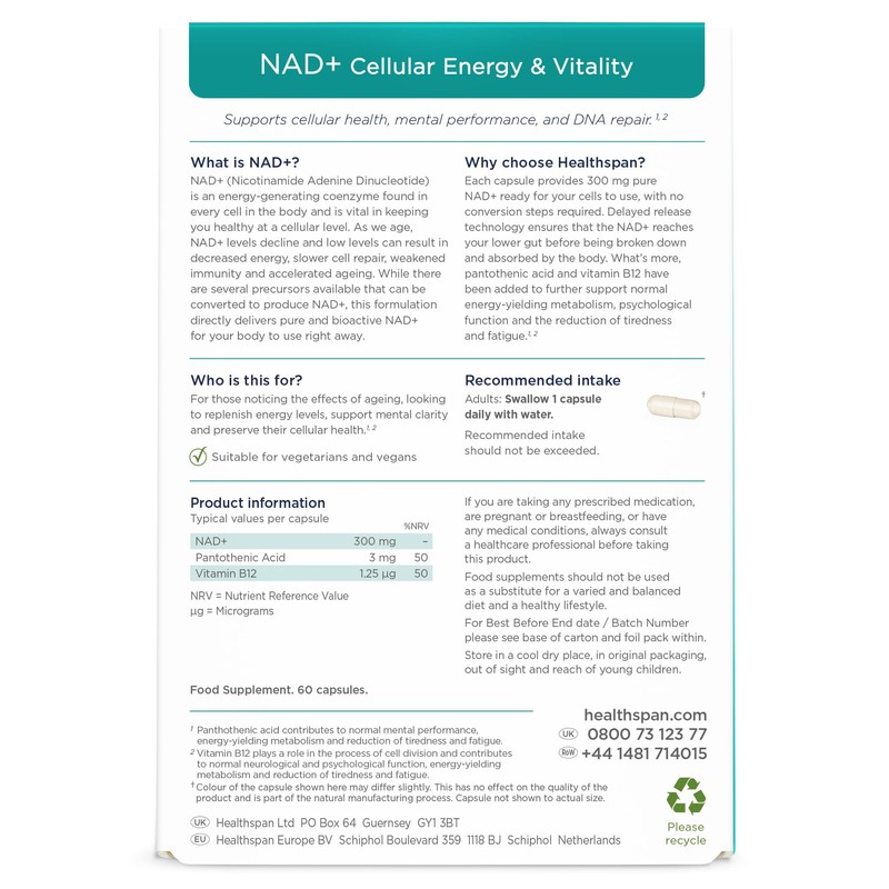 Healthspan NAD+ Cellular Energy & Vitality (60 Capsules) | for
