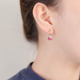 Uloveido Fashion Gold Plated Emerald Cut Simulated Tourmaline Dangle Drop Earrings Green Red 2 Tones ER0588 (Peach)