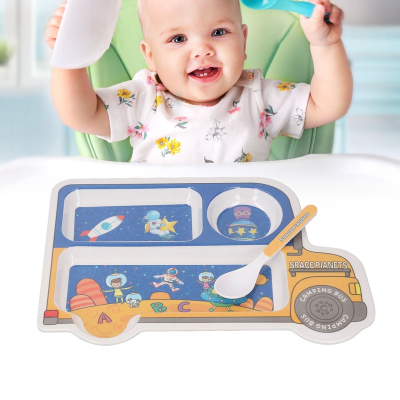 Kids Dinner Plate with Spoon Bamboo Fiber Divided Plates Cartoon