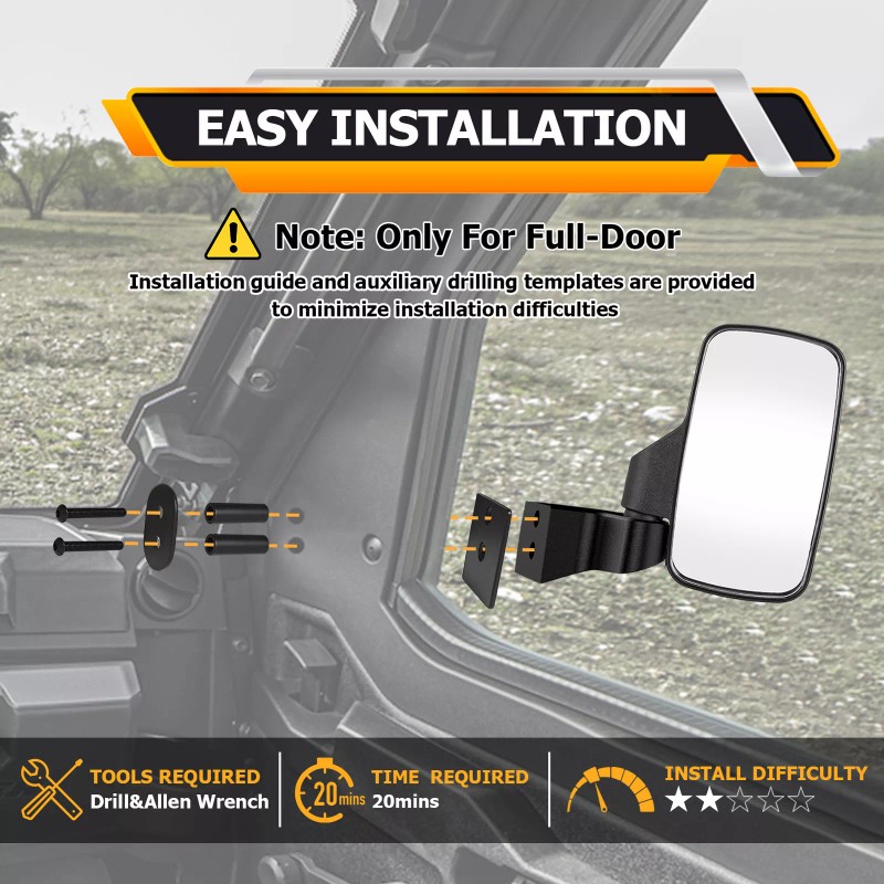 RI UTV Rear View Side Mirrors Door Mounted for Polaris