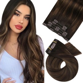 Moresoo Clip-In Real Hair Extensions, Balayage Brown Hair, Remy Ombre Hair Extensions, Real Hair, Clip-in, Dark Brown with Medium Brown #2/6/2, 7 Pieces, 120g, 40 cm