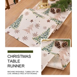 Vorysum Christmas Table Runner Beige Green Christmas Tree Snowflakes Christmas Table Runner Modern Seasonal Winter Kitchen Table Decoration Indoor Holiday Party Decor 40 x 140 cm (Christmas Tree