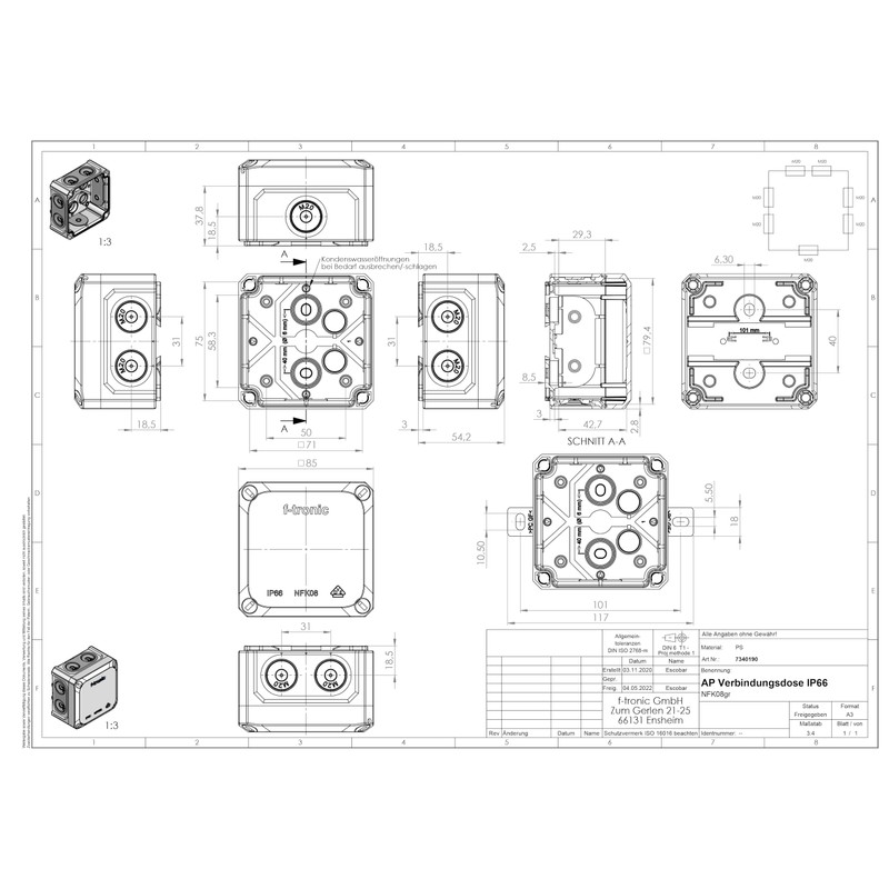 f-tronic FR Junction Box IP66, Grey, Neptune Compact (85 x