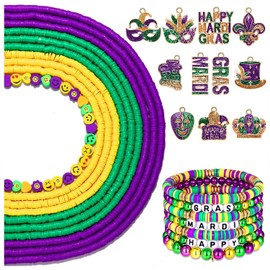 3000PCS+ Mardi Gras Clay Beads for Jewelry Making, Gold Purple Green Polymer Clay Heishi Beads, Enamel Jestyer Crown Mask Fleur De Lis Charms for Bracelet Necklace Making DIY Crafts (Mardi Gras)