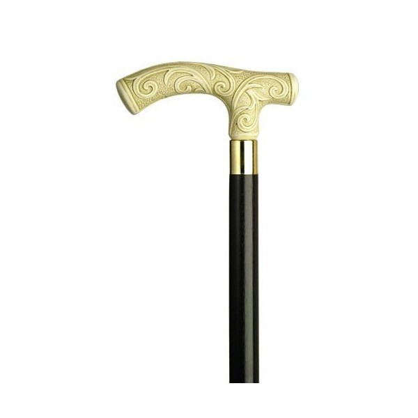 Walking Cane - Men's antique ivory derby handle-high impact durable plastic handle with brass collar on black wood shaft, 36" long with rubber tip.
