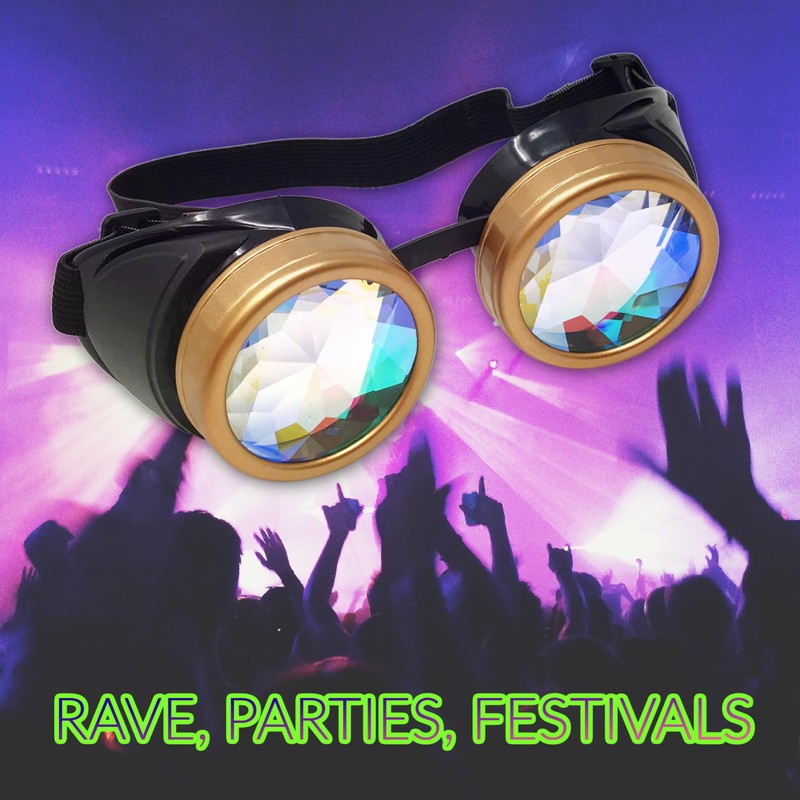 Rave Kaleidoscope Goggles Vintage Gold Steampunk Glasses Rainbow Diffraction Lenses