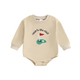 Fuethsuy Newborn Baby Boy Girl Golf Clothes New To The Club Golfing Embroidery Bubble Romper Long Sleeve Bodysuit Fall Outfit (Khaki, 6-9 Months)