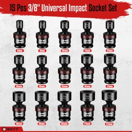 WETT 15-Piece 3/8" Drive Shallow Impact Universal Joint Socket Set, Metric Swivel Socket Set (8-22mm), Flexible Wobble Sockets, 6 Point, CR-MO Steel