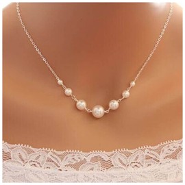 Yheakne Vintage Pearl Choker Necklace Silver Pearl Pendant Necklace Multi Pearl Floating Necklace Pearl Wedding Necklace Chain Jewelry for Women and Girls