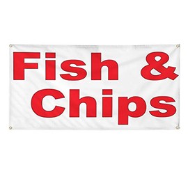 Vinyl Banner Multiple Sizes Fish Chips Red Food Bar Restaurant Truck Restaurant & Food Outdoor Weatherproof Industrial Yard Signs 10 Grommets 60x144Inches