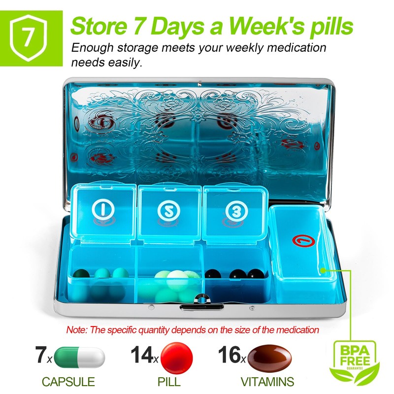 EYIDADAE Pill Organizer with 3 Compartments 7 Day Metal Pill