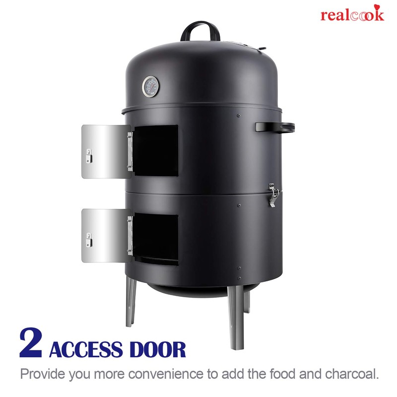 Realcook Vertical 17 Inch Steel Charcoal Smoker, Heavy Duty Round